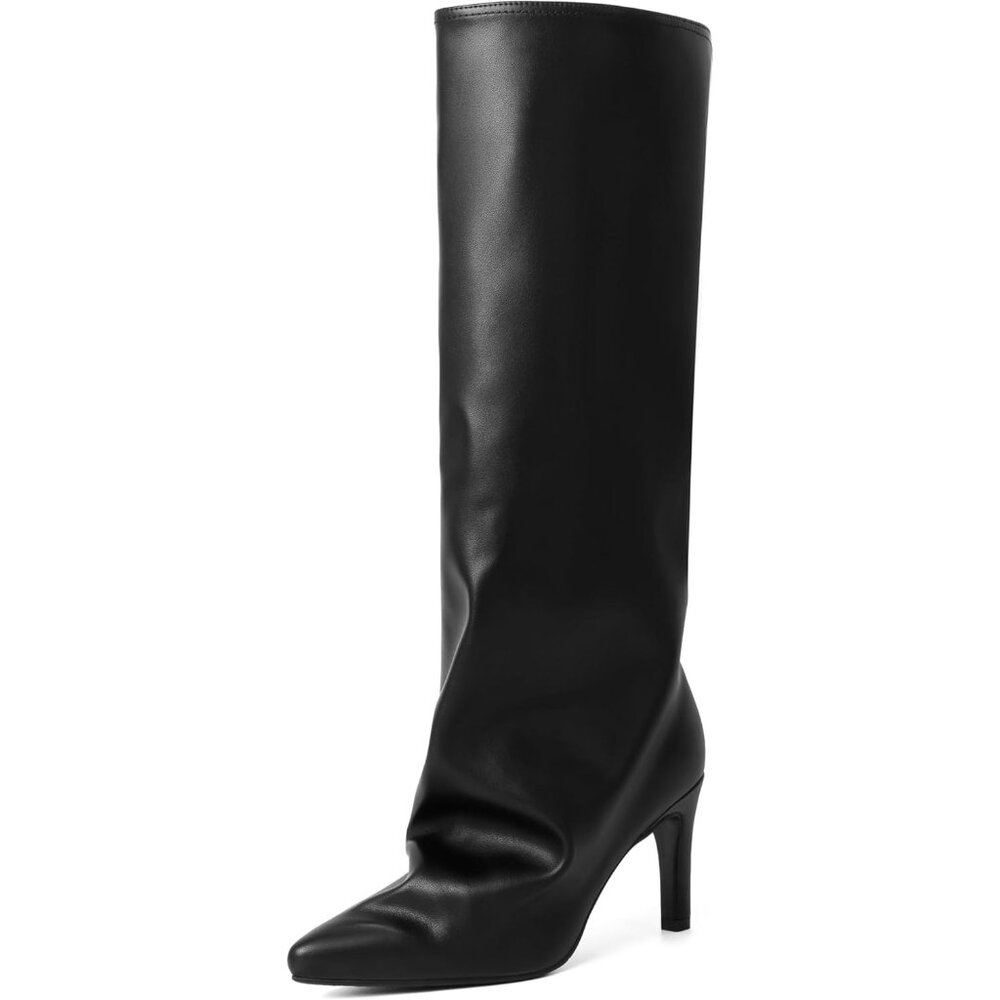 Women's Black Pu Knee High Boots Pointed Toe Stiletto Tall Side Zipper Dress